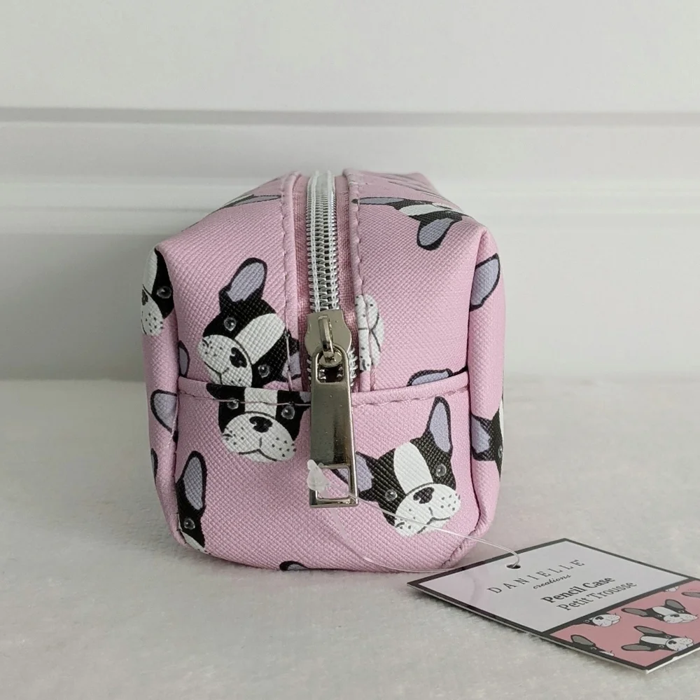 Boston Terrier Frenchie Small Cosmetic Pencil Case PVC Saffiano Pink NWT